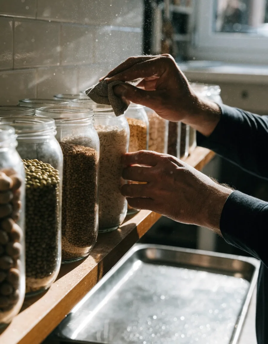 A row of unmarked glass jars of peanuts, beans, rice and oats on a bright kitchen counter beside a steel tray