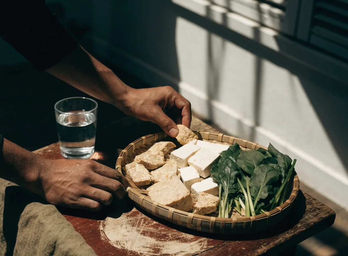 Tray of tempeh, tofu and greens being set down on a kitchen bench at noon