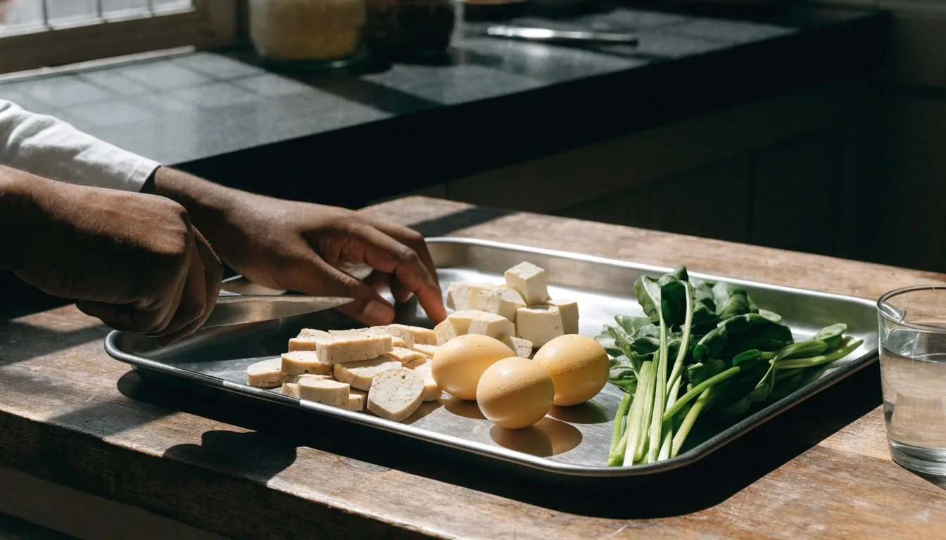 Trays of eggs, tempeh, tofu and greens laid out on a matte steel kitchen bench at noon