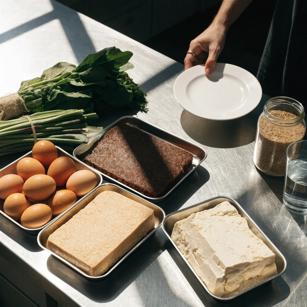 A midday kitchen bench in Jakarta set with stainless trays of eggs, tempeh, tofu, greens and a glass of water, a plate being set down