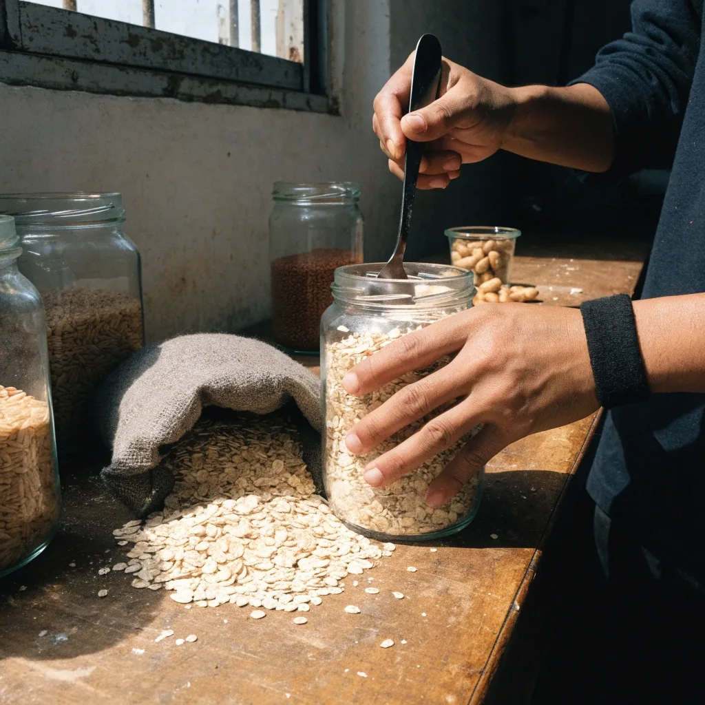 A shelf of plain unmarked glass jars holding brown rice, oats, beans, lentils and nuts under hard midday light