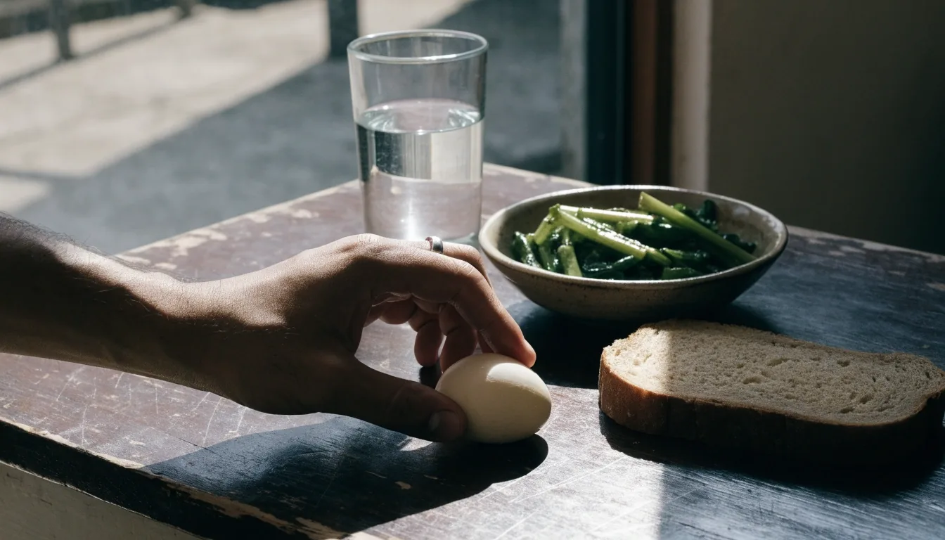 A quiet kitchen bench at midday with an empty plate, a glass of water and greens at the edge of the frame
