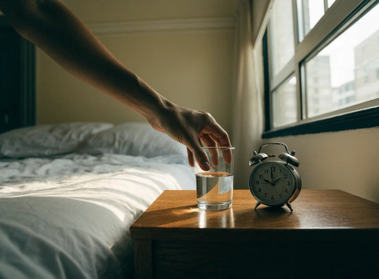 Early morning light across a quiet bedroom and a glass of water by the bed