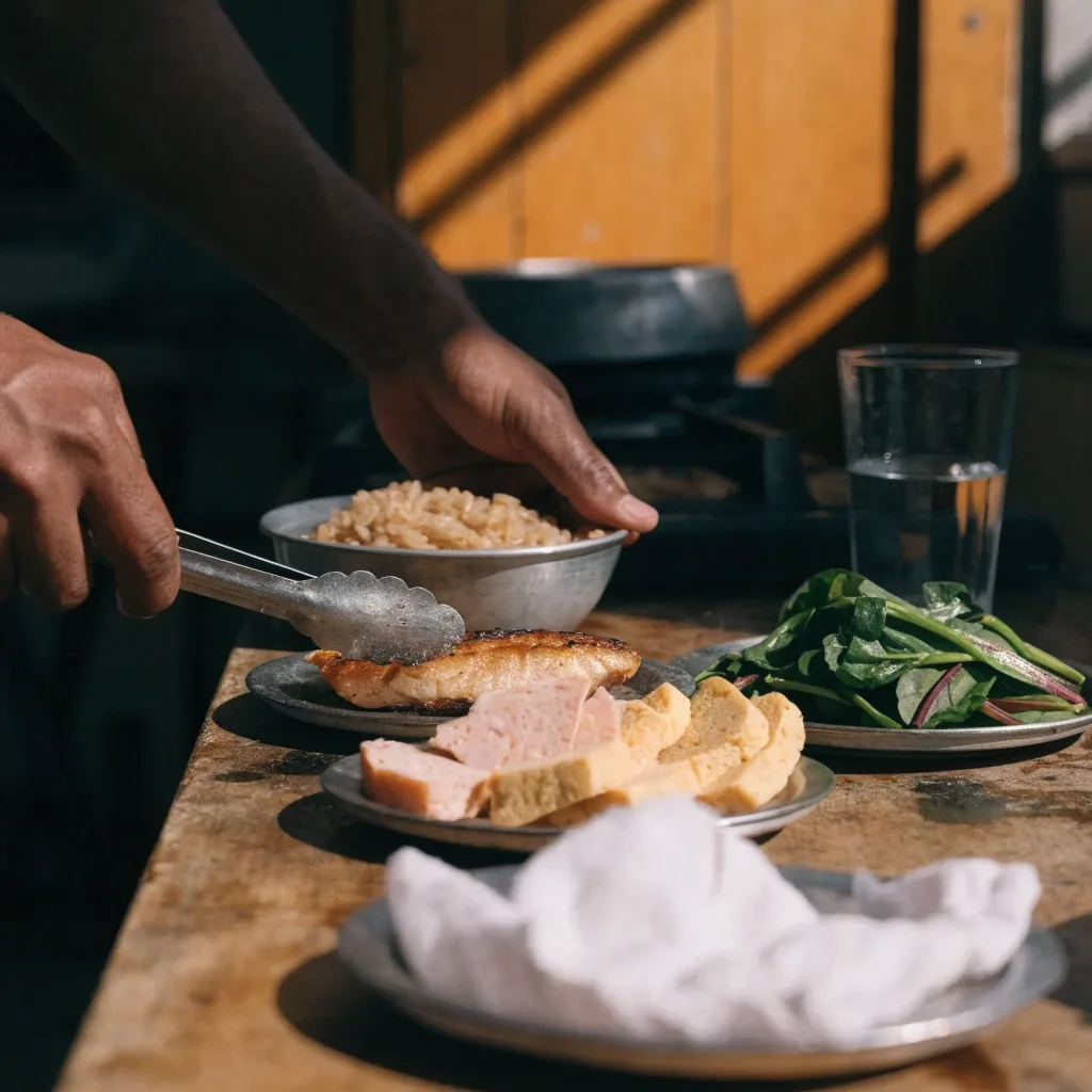 Hands plating a simple lunch of grilled fish, tempeh, greens and brown rice on a Jakarta kitchen bench
