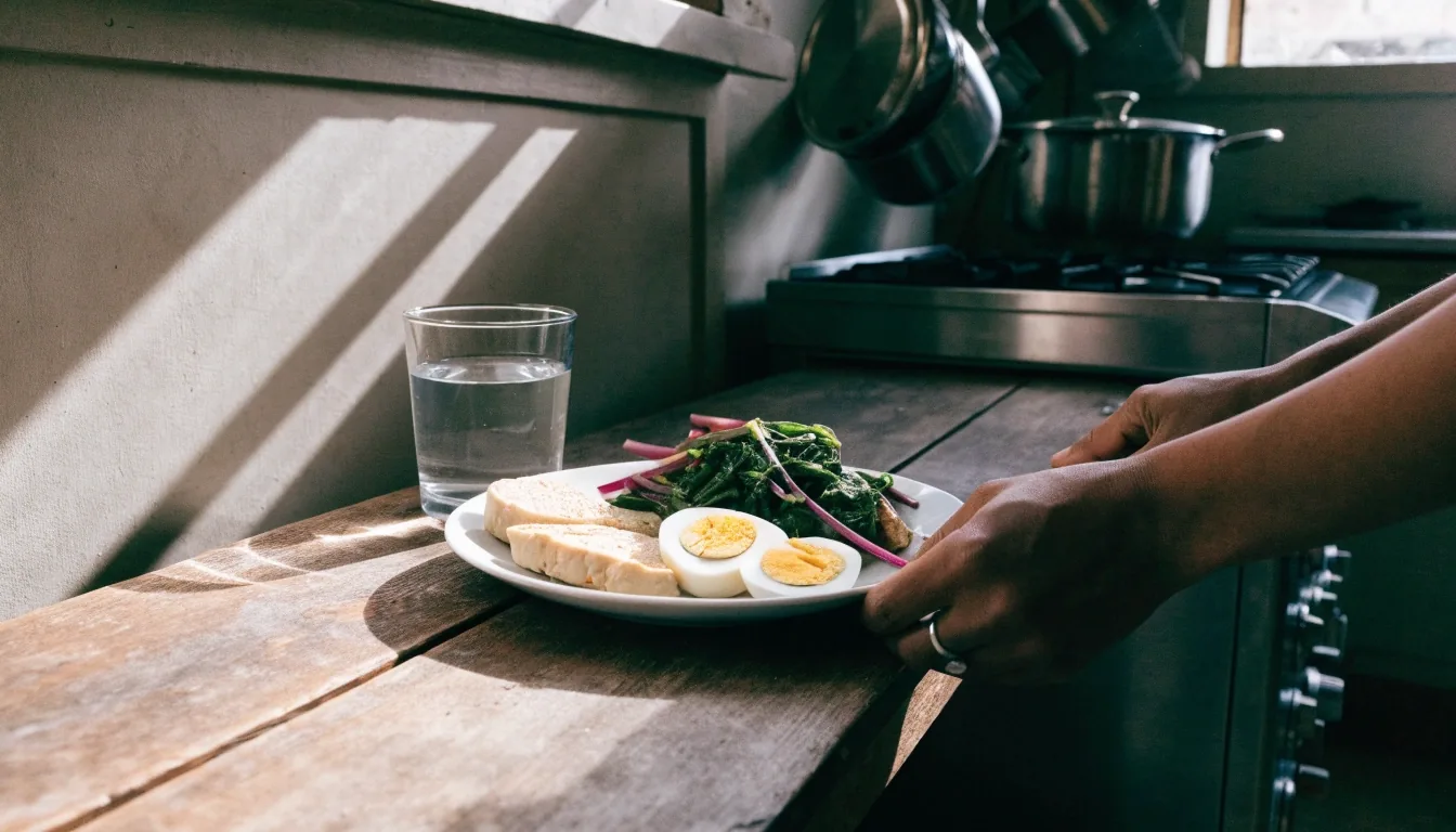Noon kitchen bench in Jakarta with trays of eggs, tempeh, tofu, greens and a glass of water, hands setting down a plate