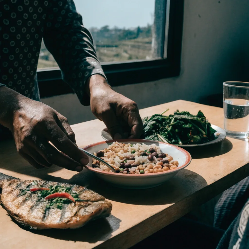 Overhead view of whole ingredients on a slate bench: brown rice, beans, seeds, dark greens, a fish fillet and a glass of water