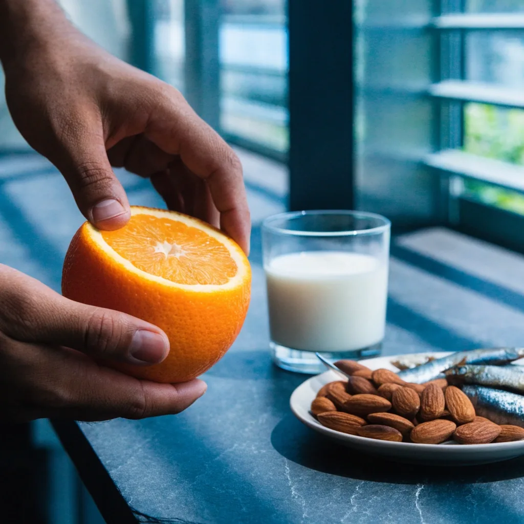 Tray of food sources on a slate bench: seeds, almonds, sardines, a cut orange and a glass of milk