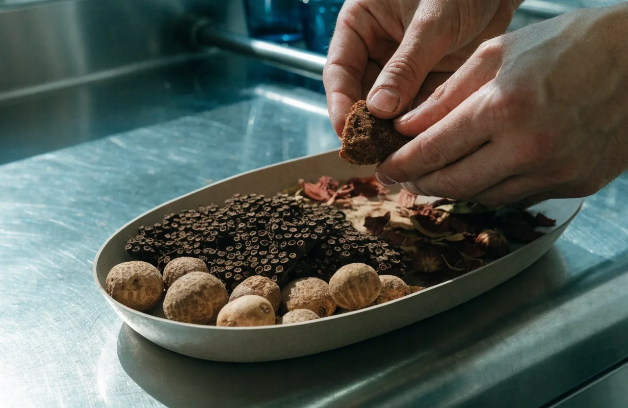 Dried botanical root pieces and leaf fragments lined up in a shallow matte tray on a stainless kitchen counter at noon