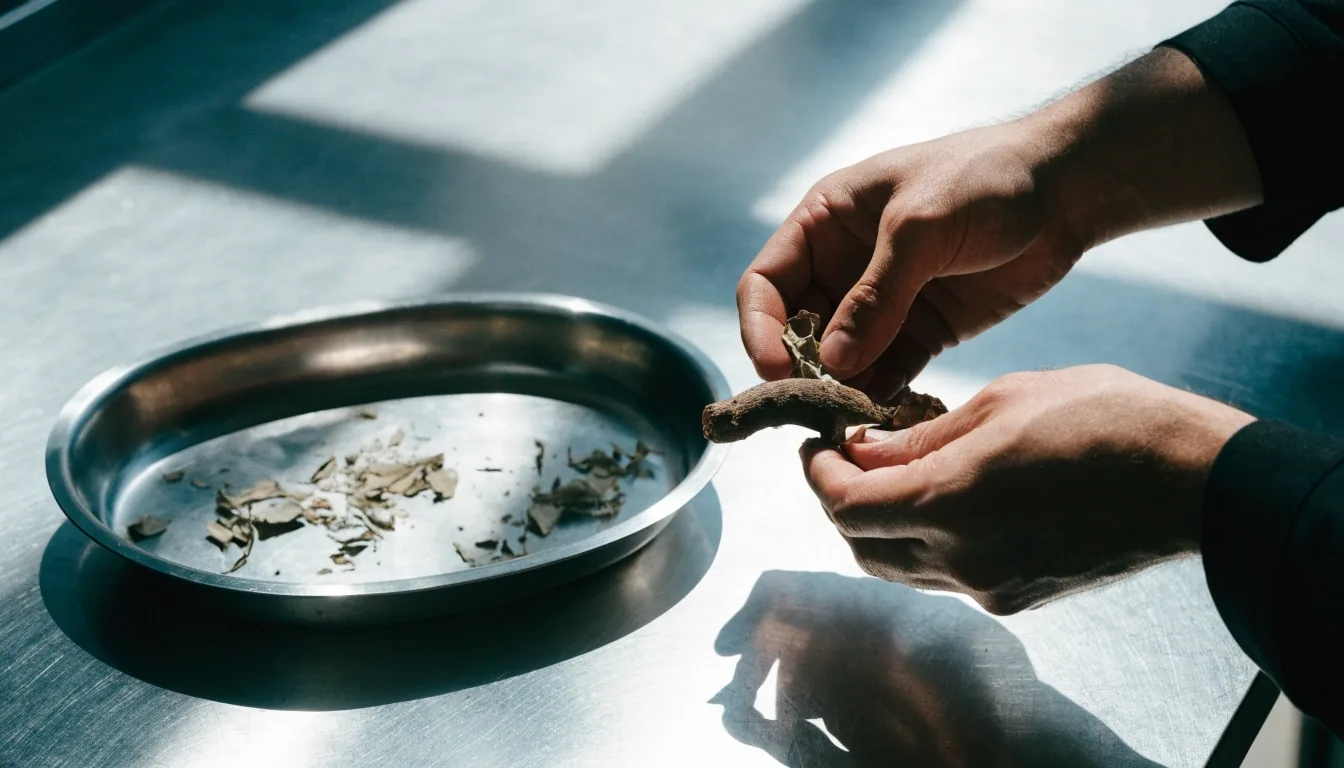 Hands lifting a dark botanical root and dried leaf fragments from a shallow tray on a stainless bench in noon daylight