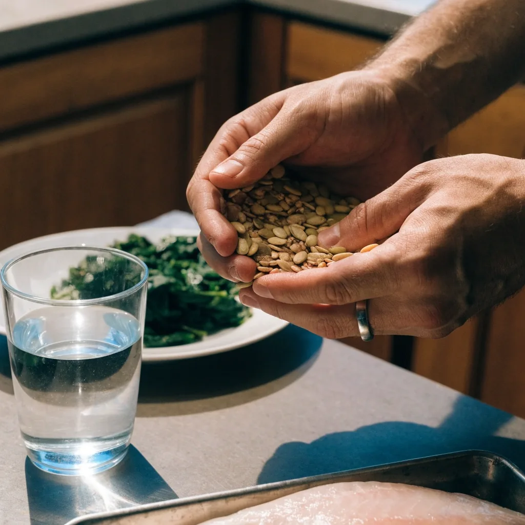 Overhead view of whole ingredients — legumes, seeds, greens, and a fresh fish fillet — arranged on a wet slate bench