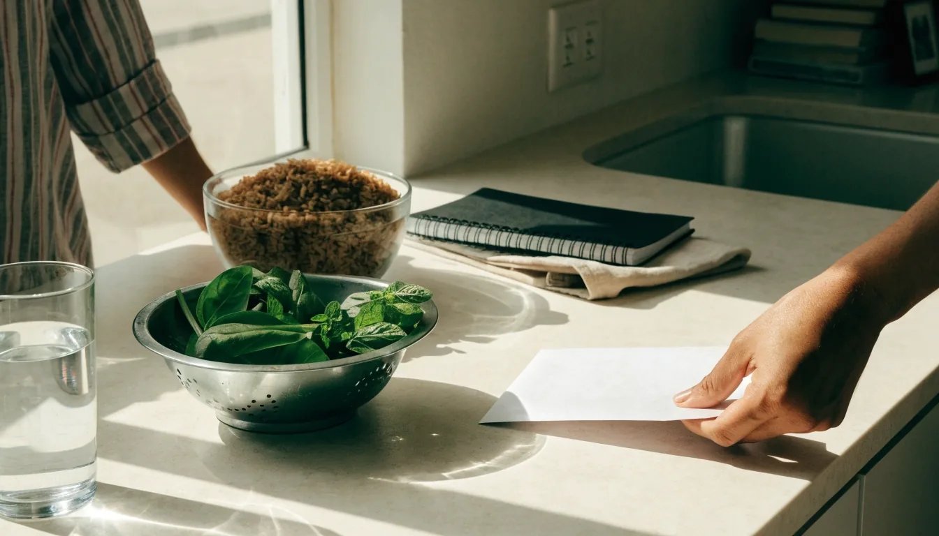 A sealed envelope and covered notebook set down on a bright noon kitchen bench beside trays of fresh ingredients
