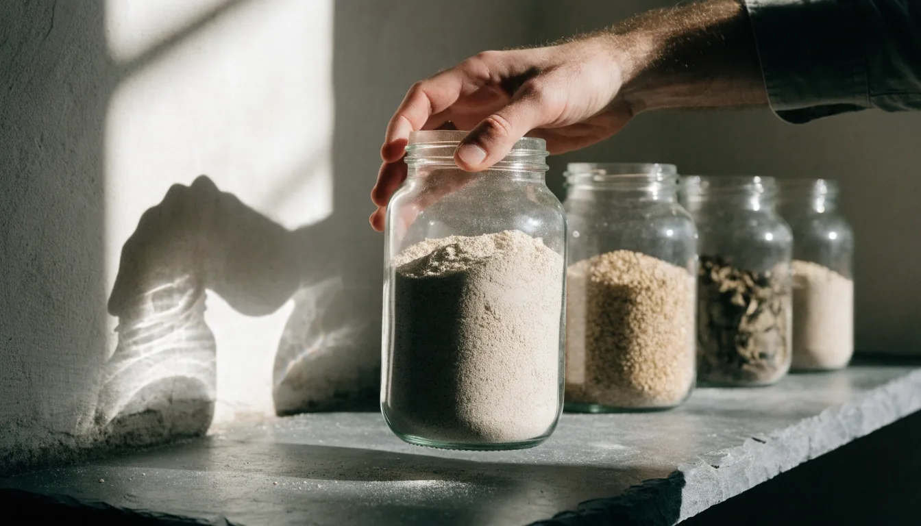 A row of identical unmarked glass jars of raw dry ingredients on a slate shelf in hard noon light