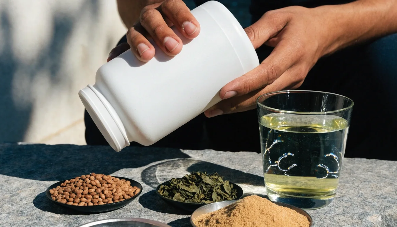 Unbranded supplement bottle resting on a slate kitchen bench beside seeds, dried leaves and a beaded glass of water in hard noon light