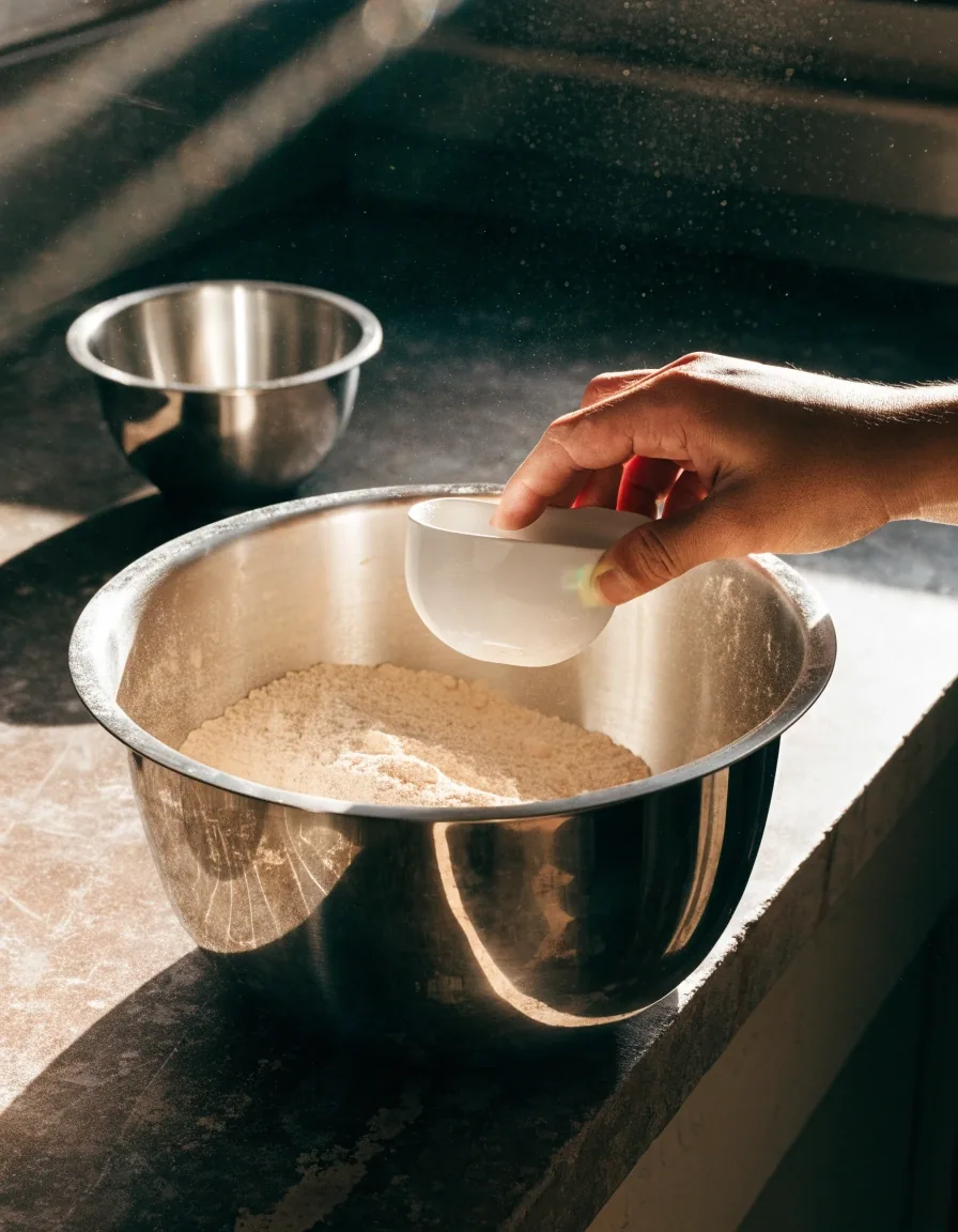Unbranded scoop resting in a steel bowl of fine powder on a slate bench at noon