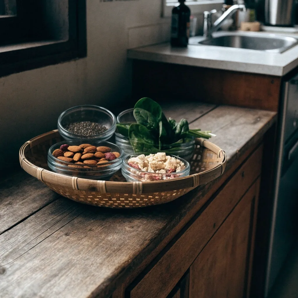 A high-key shelf of unmarked glass jars holding raw dry ingredients