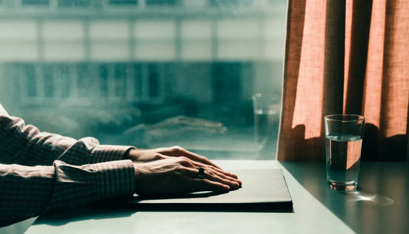 A plain folder and loose sheets on a pale slate desk in noon daylight