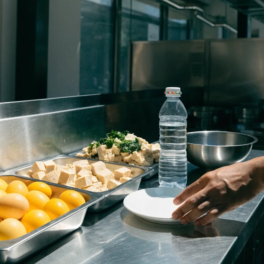 Stainless trays of eggs, tempeh, tofu and greens on a noon-lit kitchen bench